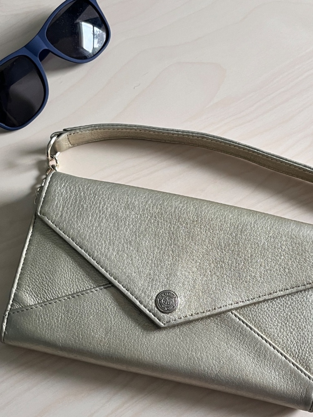 Rebecca Minkoff Leather Envelope Clutch in Metallic Gold with removable chain